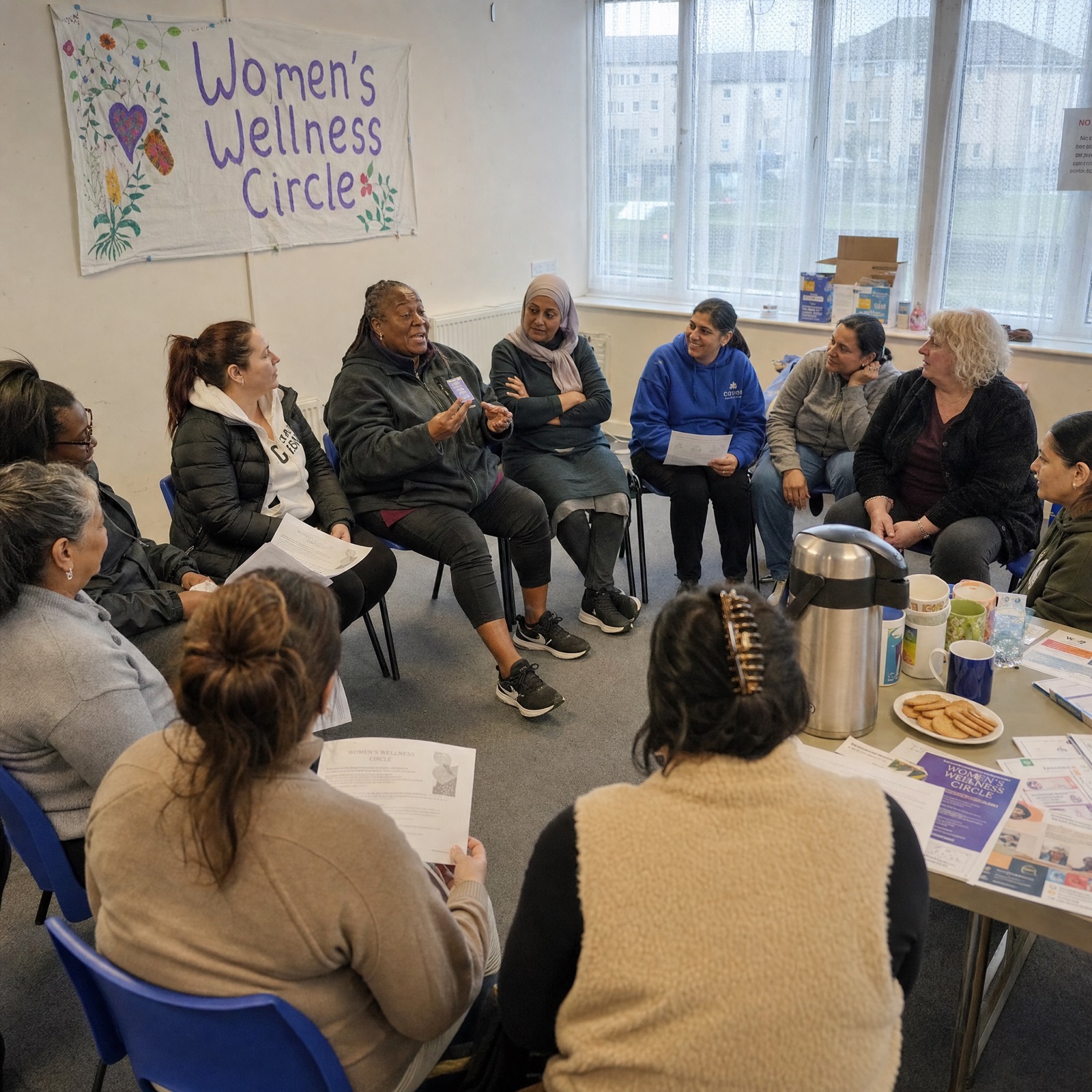 A health advocate holds a printed question list and quietly talks through it with an elderly man in an NHS waiting room.